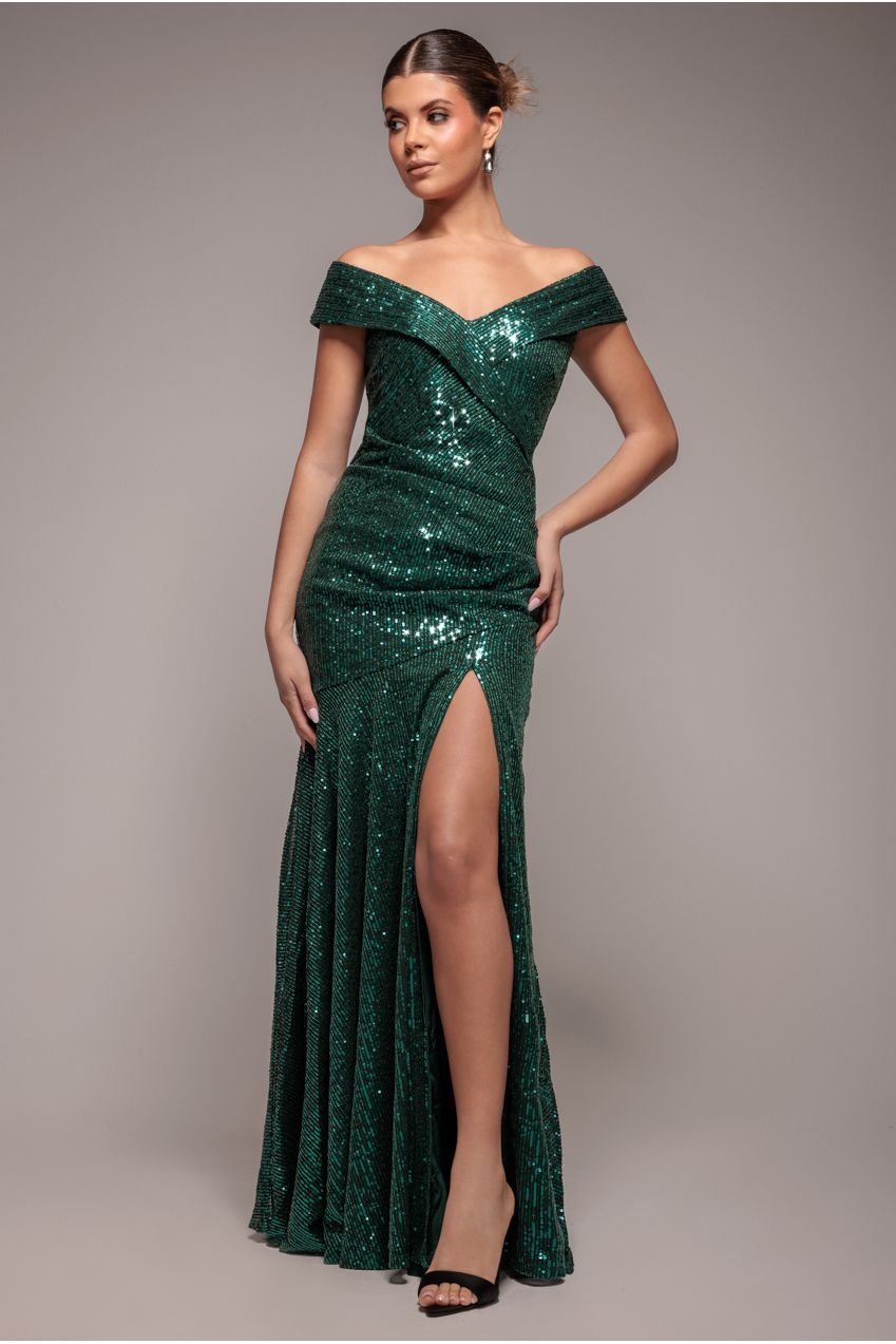 Goddiva Bardot Sequin Pleated Maxi Dress – Emerald Green