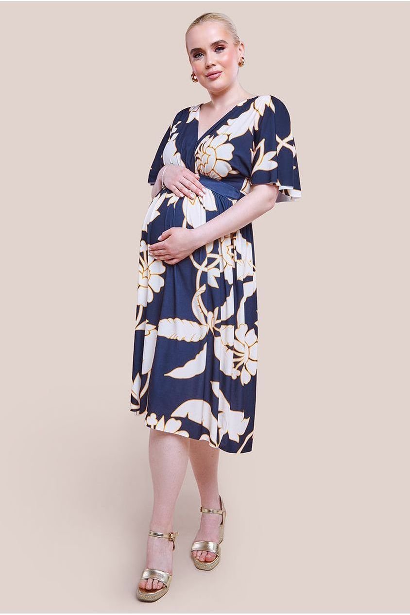 Goddiva Maternity Leaf Print Flutter Sleeve Midi Dress – Navy