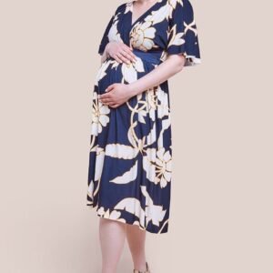 Goddiva Maternity Leaf Print Flutter Sleeve Midi Dress - Navy