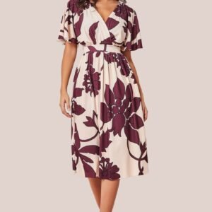 Goddiva Leaf Print Flutter Sleeve Midi - Cream