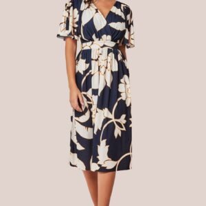 Goddiva Leaf Print Flutter Sleeve Midi - Navy