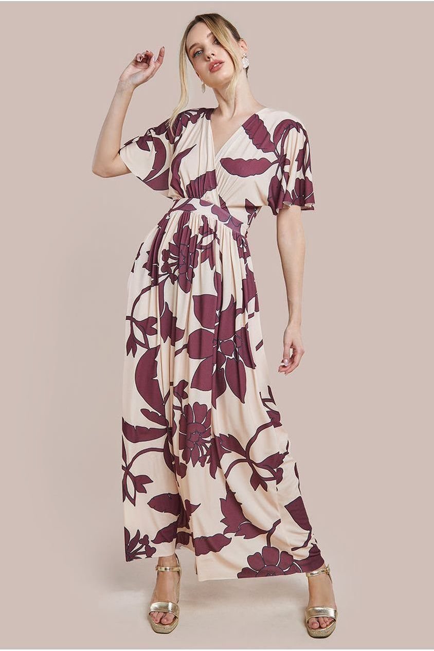 Goddiva Leaf Print Flutter Sleeve Maxi Dress – Cream