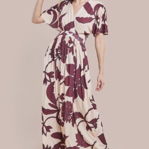 Goddiva Leaf Print Flutter Sleeve Maxi Dress - Cream
