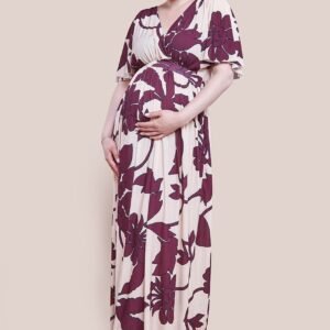 Goddiva Maternity Leaf Print Flutter Sleeve Maxi Dress - Cream