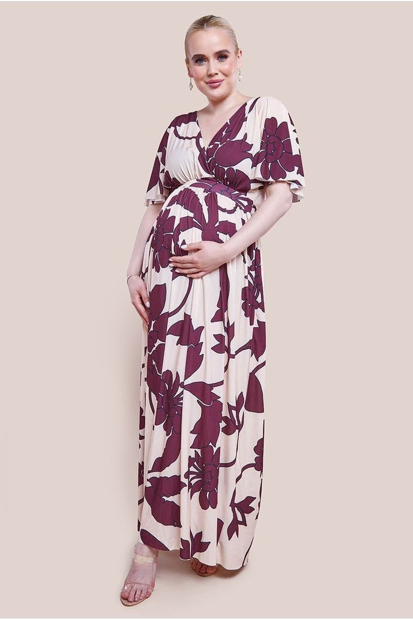 Goddiva Maternity Leaf Print Flutter Sleeve Maxi Dress – Cream