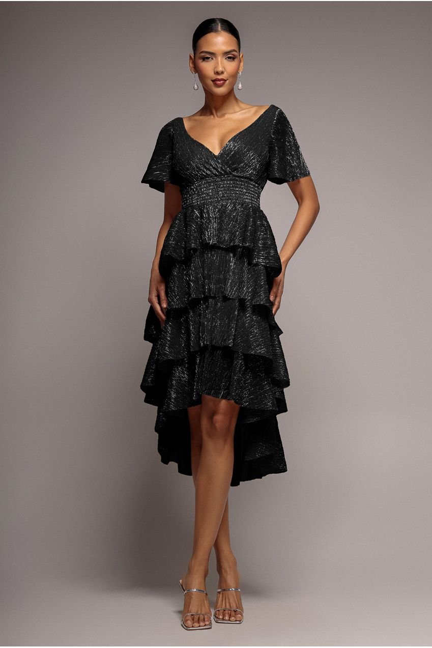 Goddiva Crinkle Lurex High Low Layered Midi Dress – Black