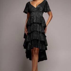 Goddiva Crinkle Lurex High Low Layered Midi Dress - Black