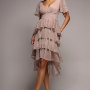Goddiva Crinkle Lurex High Low Layered Midi Dress - Blush