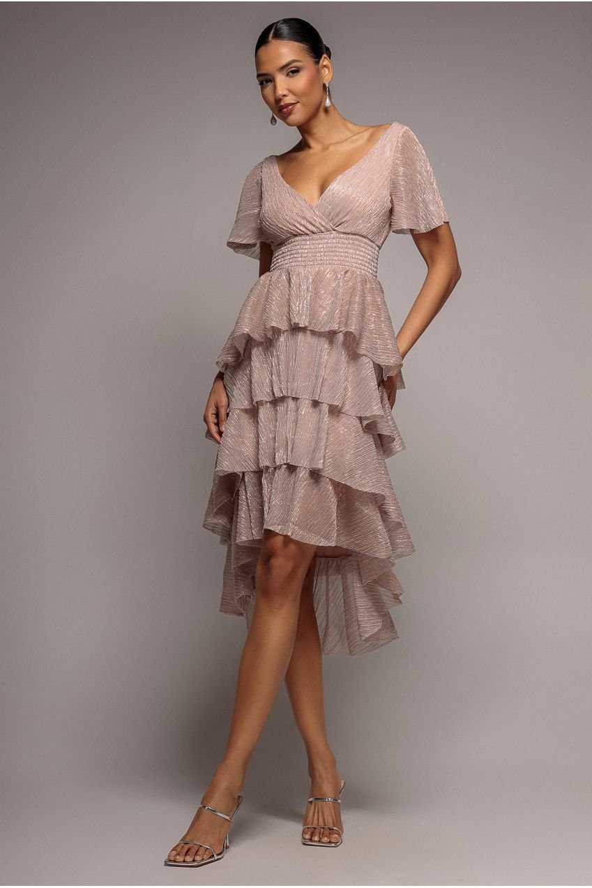 Goddiva Crinkle Lurex High Low Layered Midi Dress – Blush