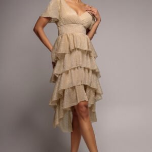 Goddiva Crinkle Lurex High Low Layered Midi Dress - Champagne