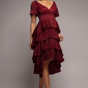Goddiva Crinkle Lurex High Low Layered Midi Dress - Wine