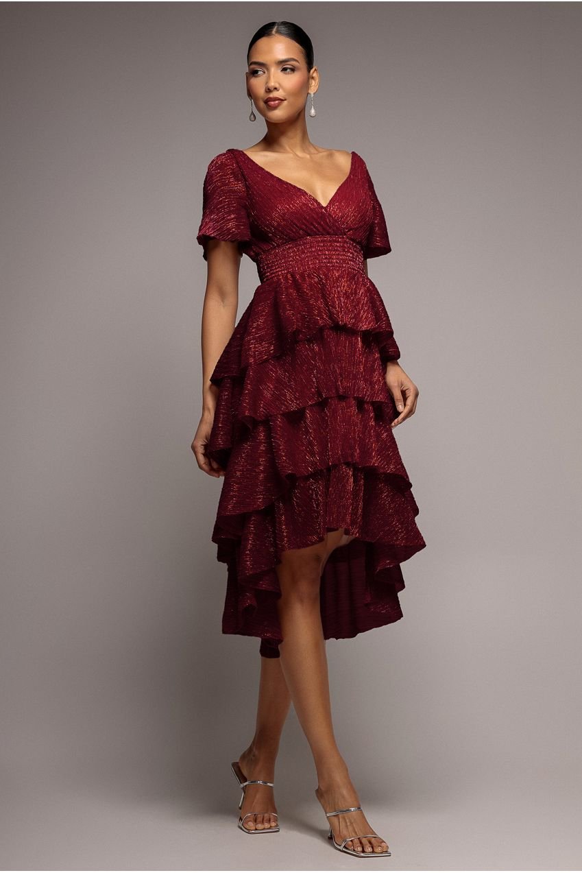 Goddiva Crinkle Lurex High Low Layered Midi Dress – Wine