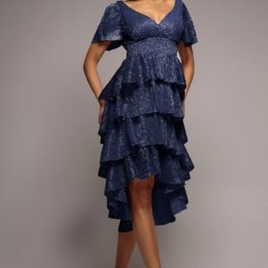 Goddiva Crinkle Lurex High Low Layered Midi Dress - Navy