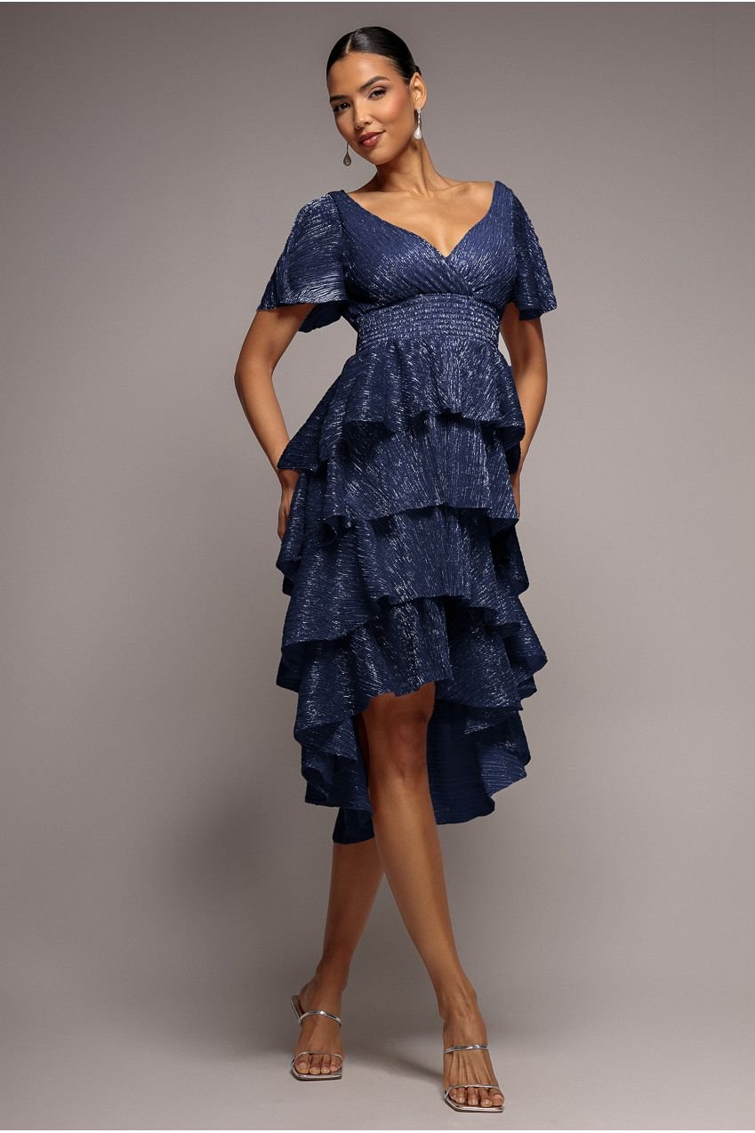 Goddiva Crinkle Lurex High Low Layered Midi Dress – Navy