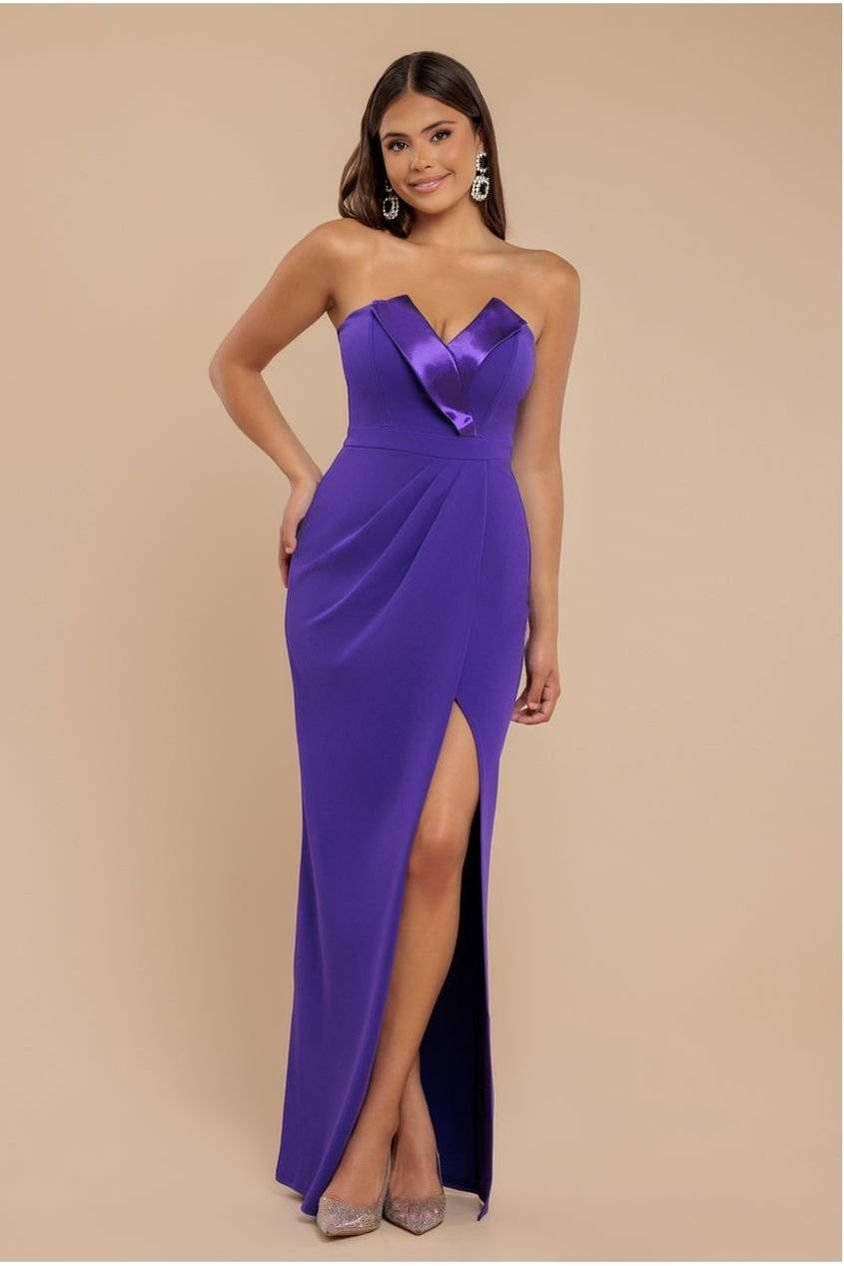 Goddiva Satin & Scuba Maxi With Thigh Split – Purple