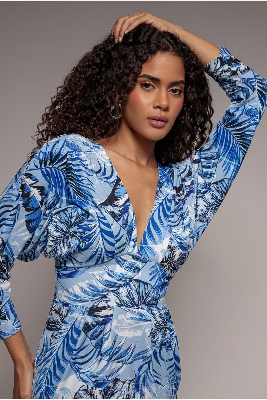 Goddiva Tropical Print Midi With Batwing Sleeves – Blue