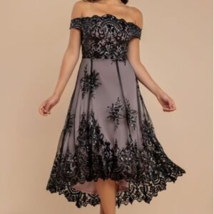 Goddiva Bardot Sequin & Lace High Low Midi - Black