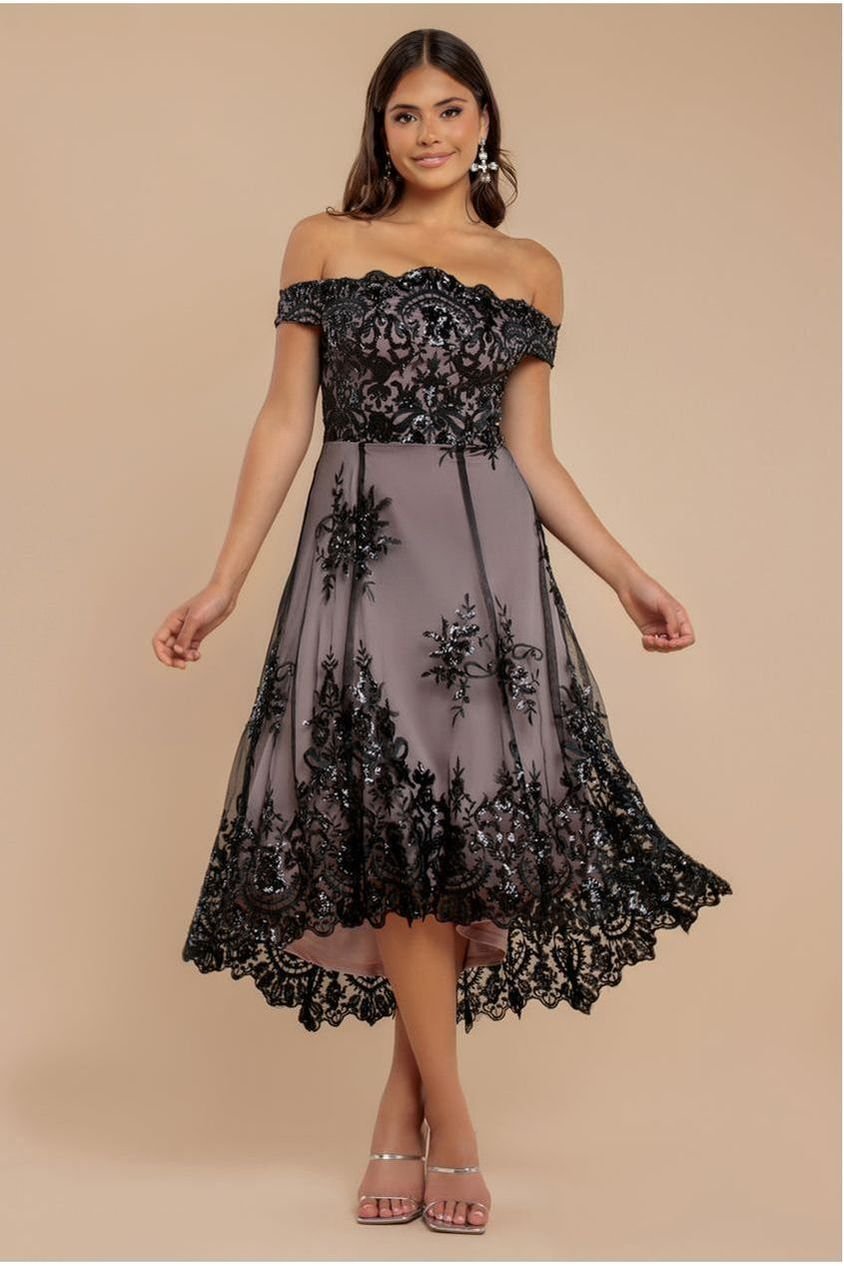 Goddiva Bardot Sequin & Lace High Low Midi – Black