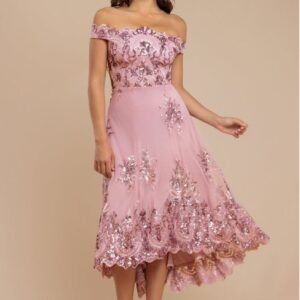 Goddiva Bardot Sequin & Lace High Low Midi - Blush