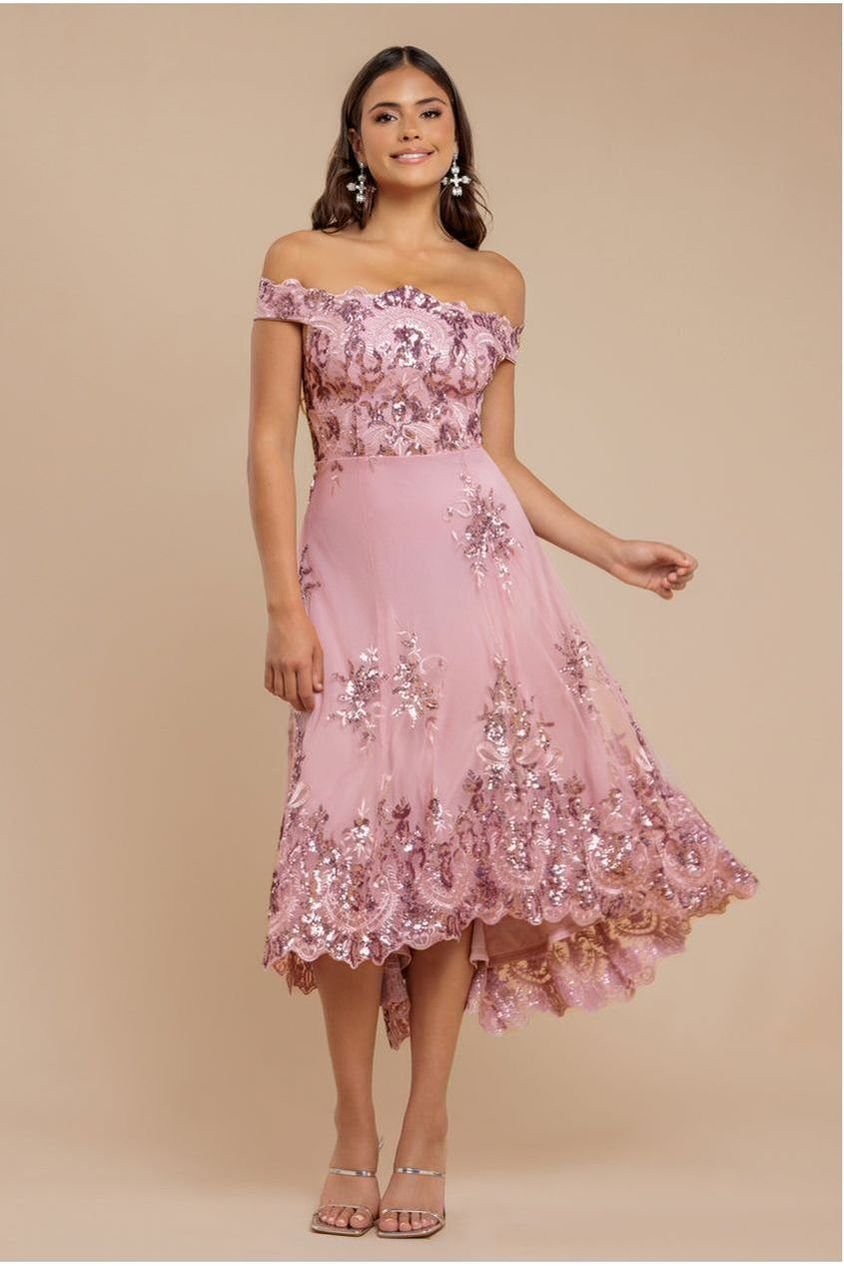 Goddiva Bardot Sequin & Lace High Low Midi – Blush