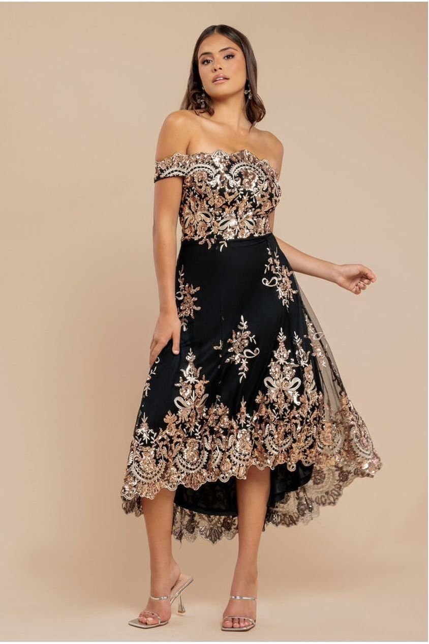 Goddiva Bardot Sequin & Lace High Low Midi – Champagne