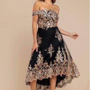 Goddiva Bardot Sequin & Lace High Low Midi - Champagne