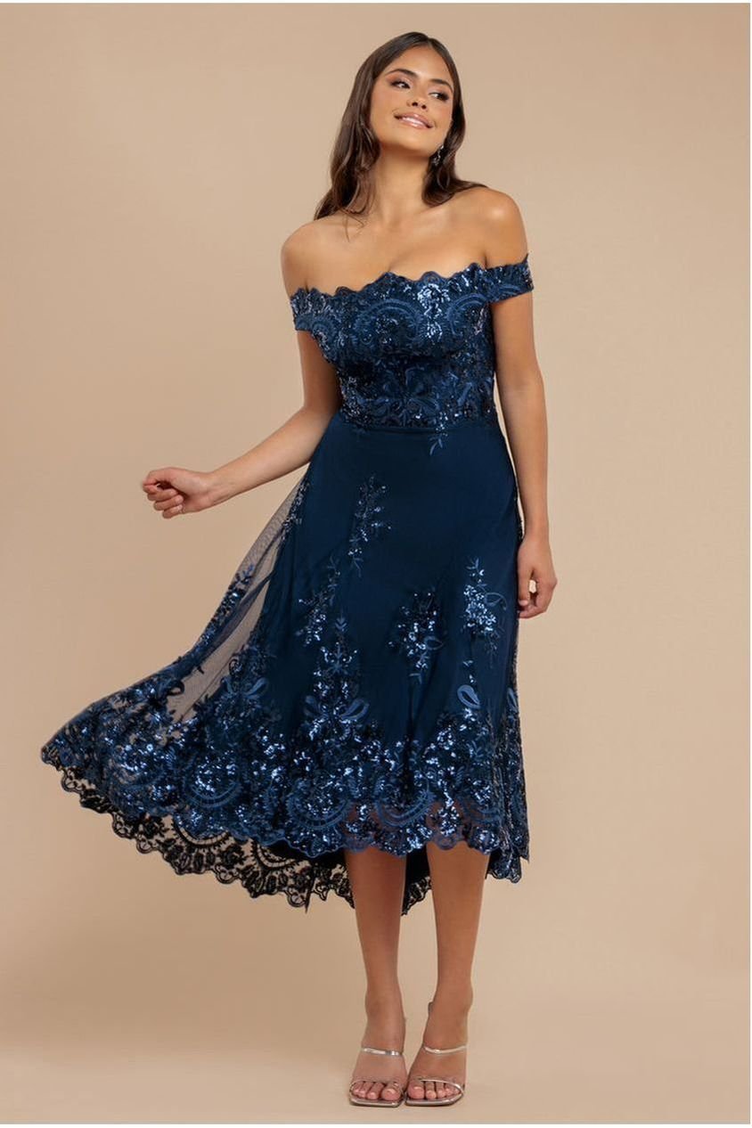 Goddiva Bardot Sequin & Lace High Low Midi – Navy