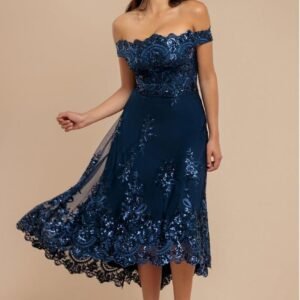 Goddiva Bardot Sequin & Lace High Low Midi - Navy