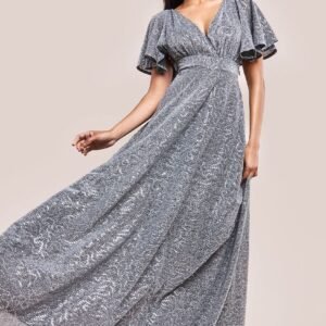 Goddiva Sequin Lurex Flutter Sleeve Maxi Dress - Silver