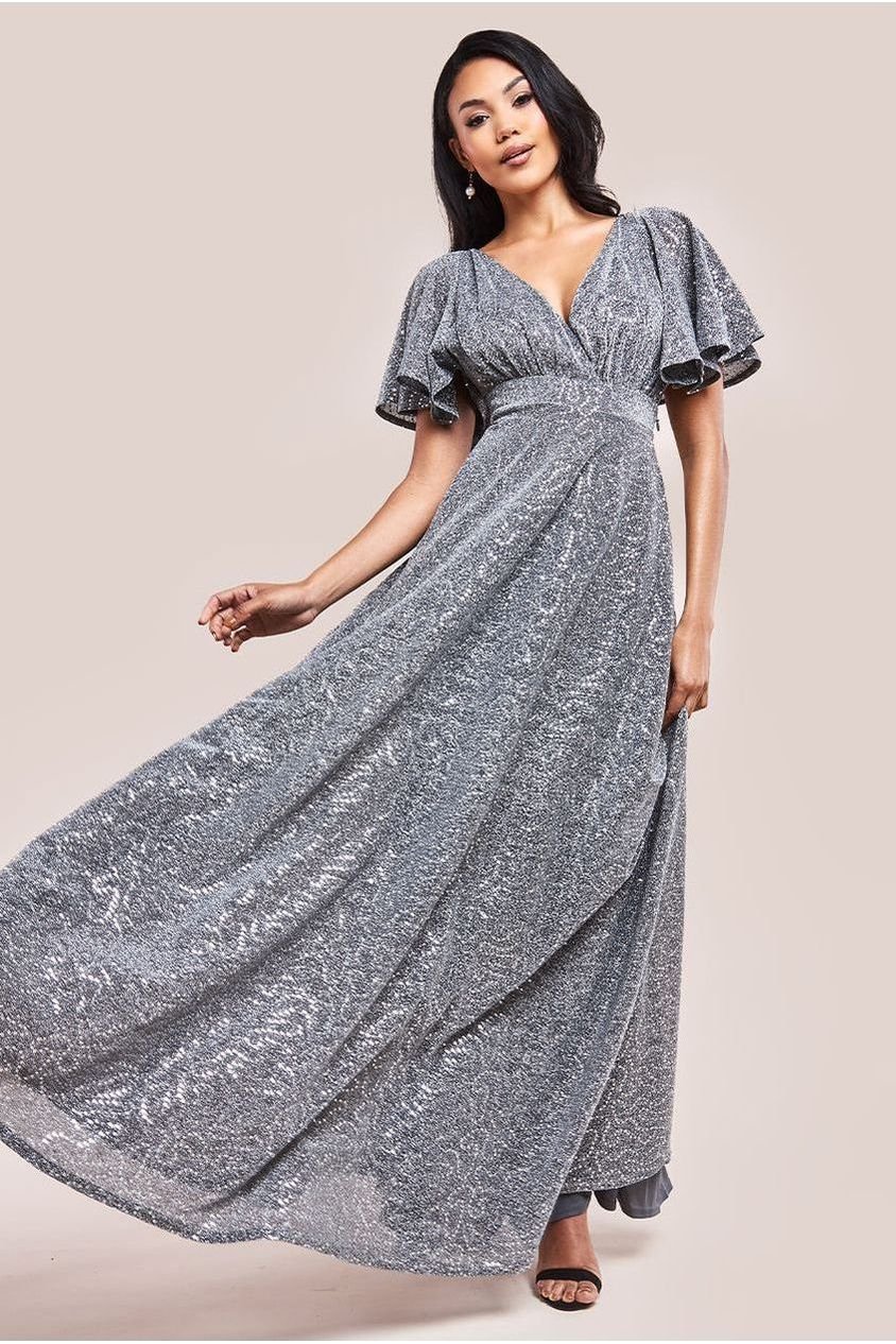 Goddiva Sequin Lurex Flutter Sleeve Maxi Dress – Silver