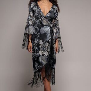 Goddiva Foil Print Wrap Midi With Tassels - Black