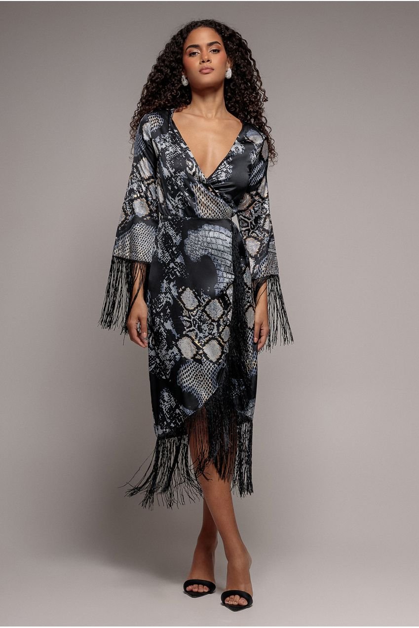 Goddiva Foil Print Wrap Midi With Tassels – Black