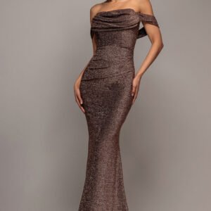 Goddiva Lurex Cowl Neck Off The Shoulder Maxi Dress - Bronze