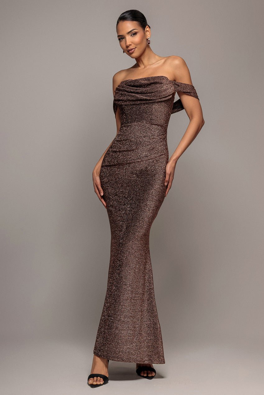 Goddiva Lurex Cowl Neck Off The Shoulder Maxi Dress – Bronze