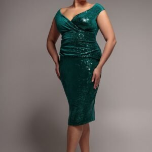 Goddiva Plus Sequin & Velvet Bardot Midi - Emerald Green