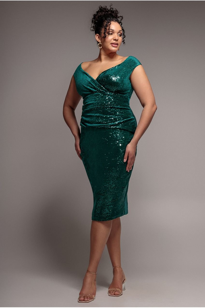 Goddiva Plus Sequin & Velvet Bardot Midi – Emerald Green