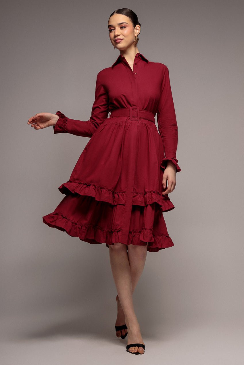 Goddiva Tiered Shirt Belted Long Sleeve Midi Dress – Wine