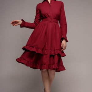 Goddiva Tiered Shirt Belted Long Sleeve Midi Dress - Wine