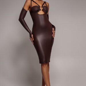 Goddiva Faux Leather Cut Out Sheath Midi Dress - Brown