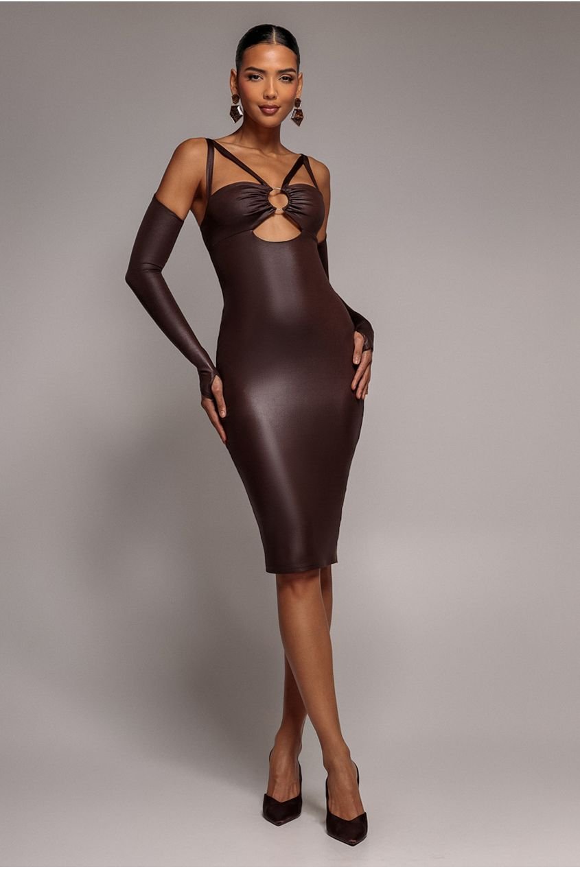Goddiva Faux Leather Cut Out Sheath Midi Dress – Brown