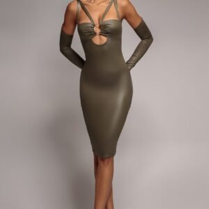 Goddiva Faux Leather Cut Out Sheath Midi Dress - Khaki