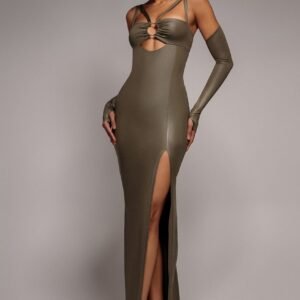 Goddiva Faux Leather Cut Out Maxi Dress - Khaki