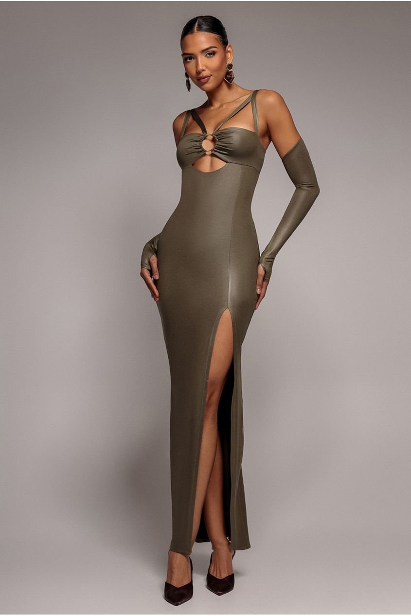 Goddiva Faux Leather Cut Out Maxi Dress – Khaki