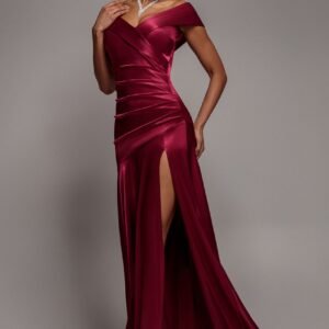 Goddiva Satin Off Shoulder Pleated Maxi Dress - Berry