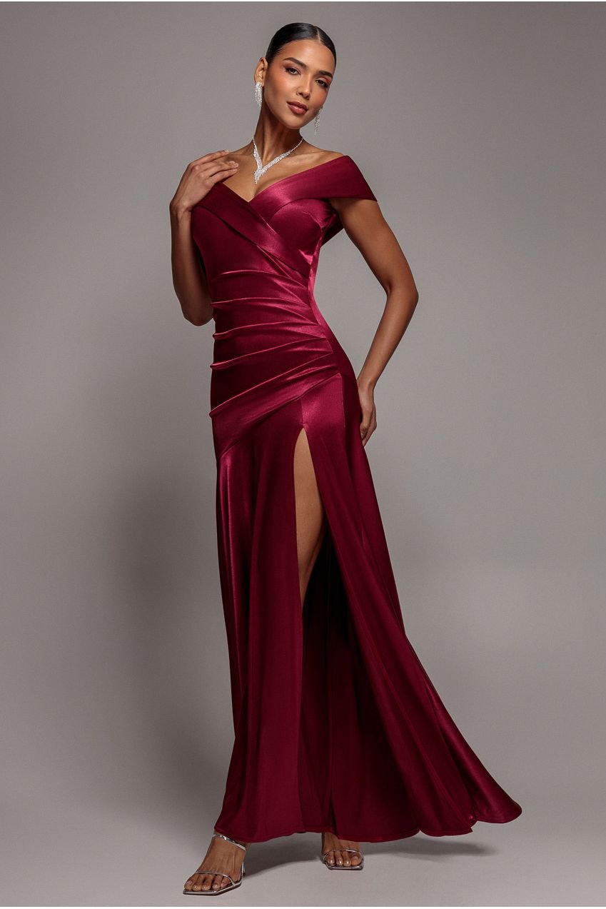 Goddiva Satin Off Shoulder Pleated Maxi Dress – Berry