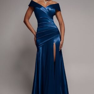Goddiva Satin Off Shoulder Pleated Maxi Dress - Navy Blue