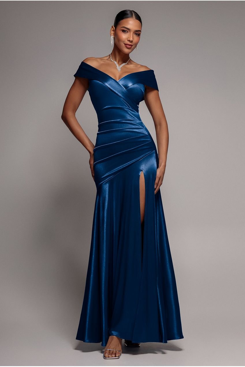 Goddiva Satin Off Shoulder Pleated Maxi Dress – Navy Blue