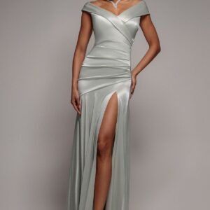 Goddiva Satin Off Shoulder Pleated Maxi Dress - Sage Green
