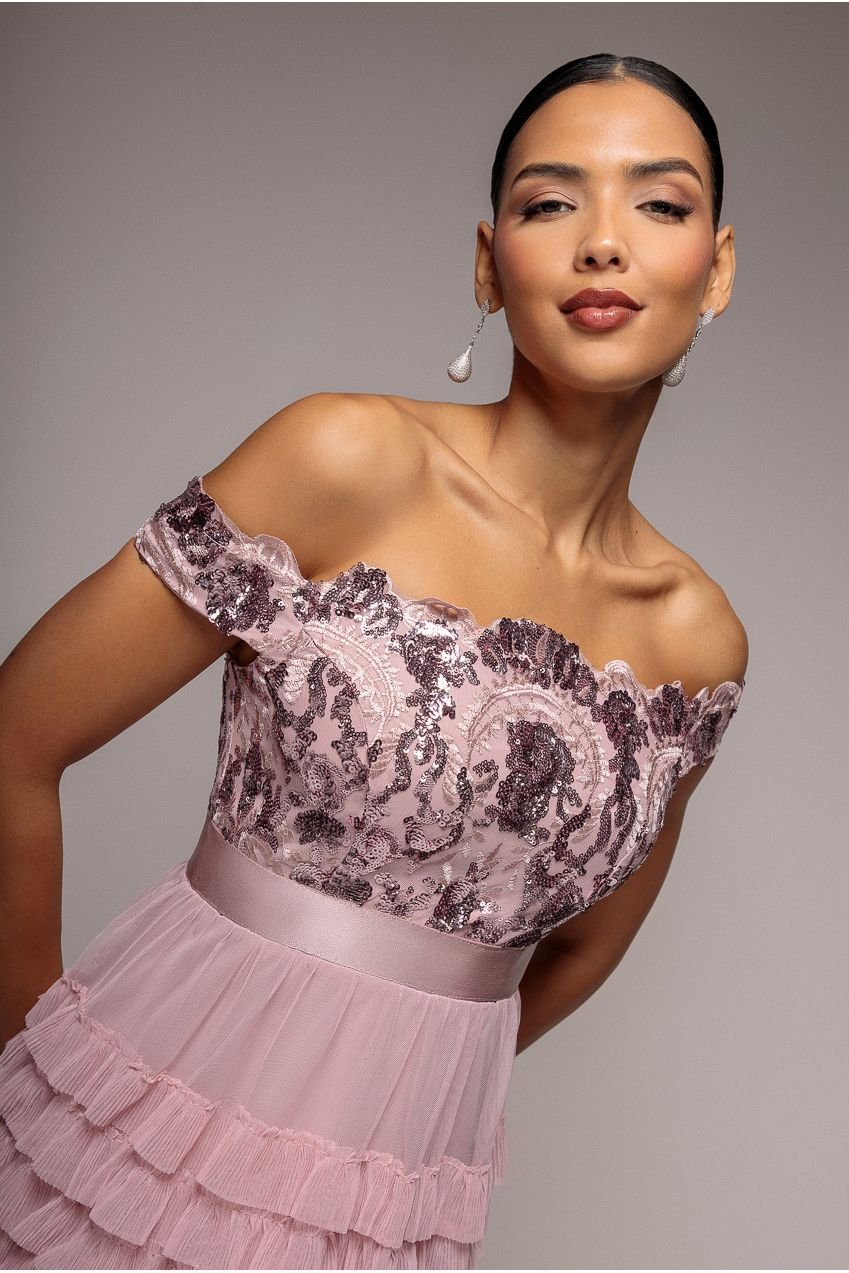 Goddiva Scallop Bardot Ruffle Mesh Maxi – Blush