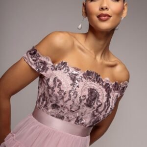 Goddiva Scallop Bardot Ruffle Mesh Maxi - Blush